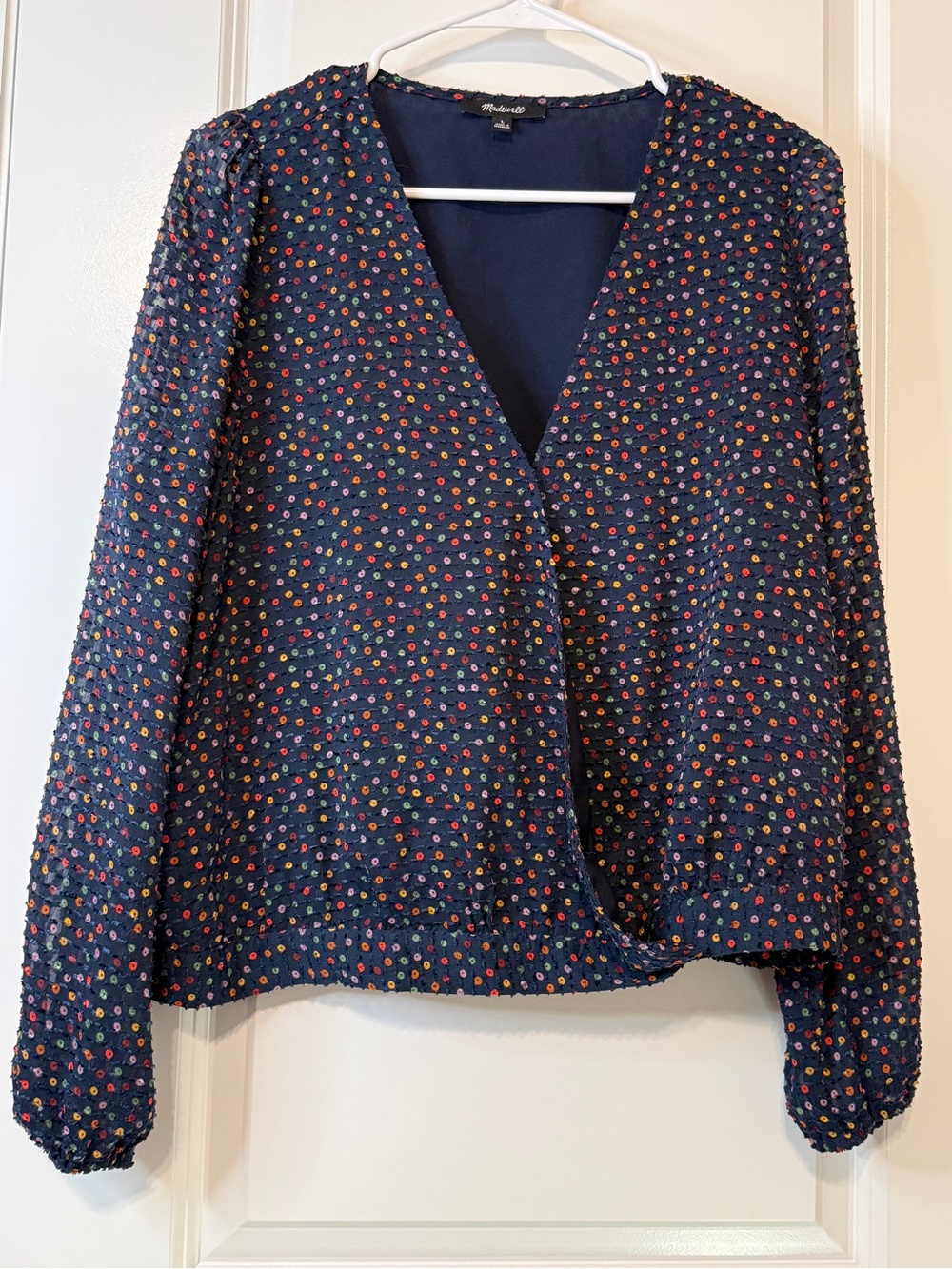 PtP 22” 🌸 Madewell Navy Swiss Dot Wrap Blouse Size Large
